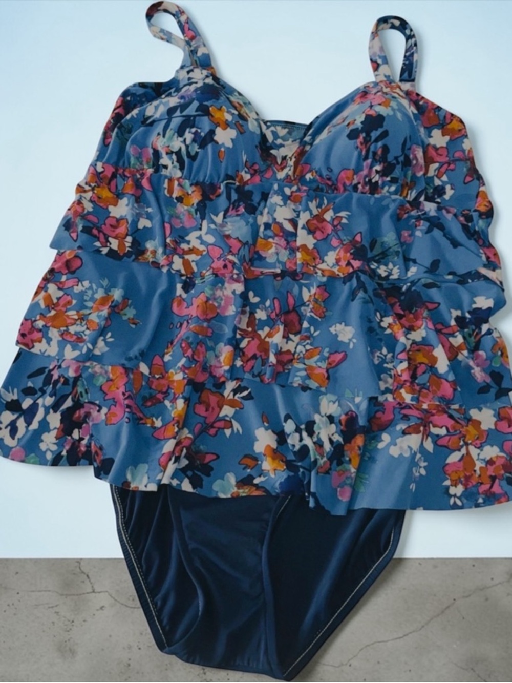 BAL HARBOUR BLUE & TIERED ONE PIECE 24W FLORAL PRINT ADJ STRAPS SWIMSUIT NWOT